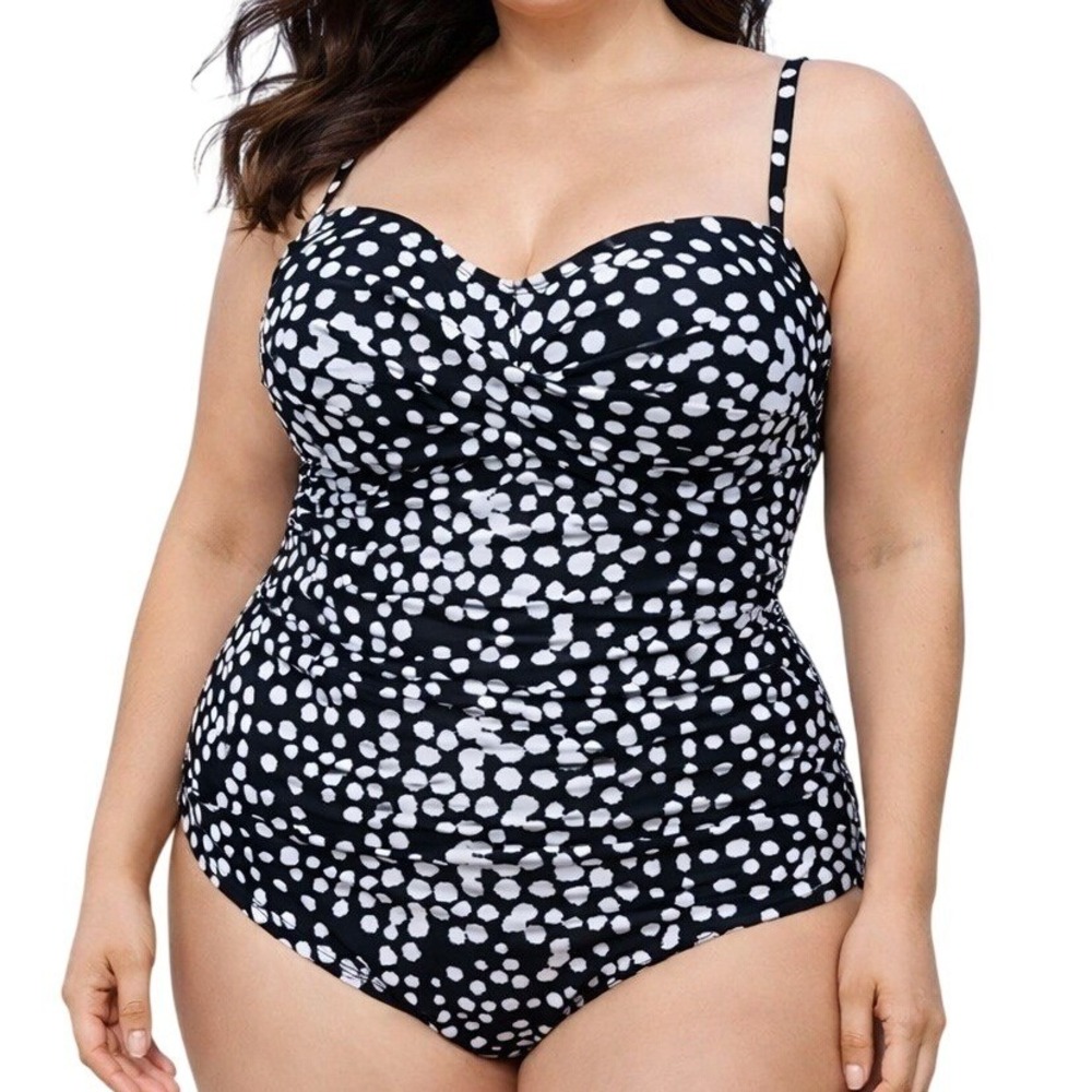 Catalina Women XL Black White Polka Dot Twist Front One Piece‎ Swimsuit CTL35100